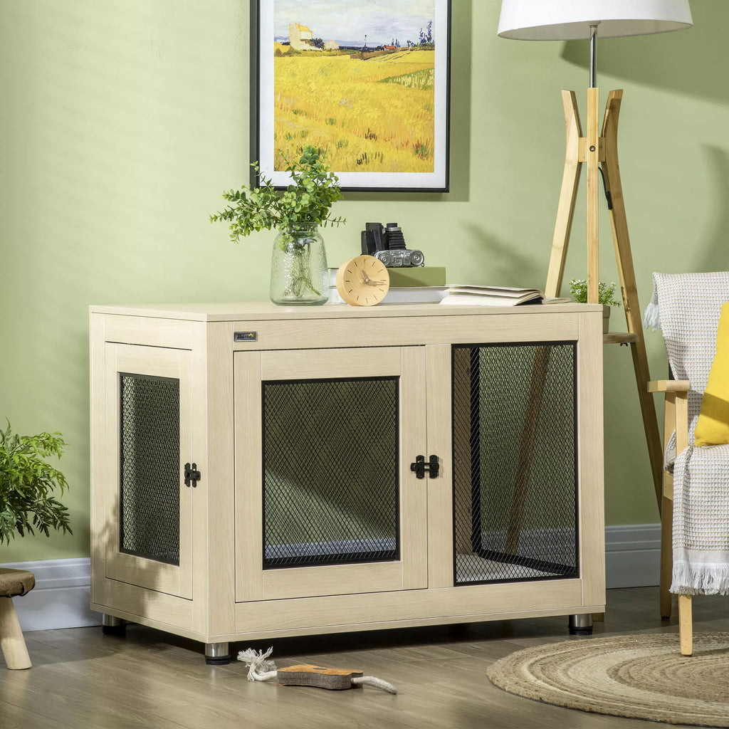 Suņu būris/būris, moderns dizains, aizslēdzams, 2 durvis, 94 cm x 60 cm x 71,5 cm, dabīgs + melns