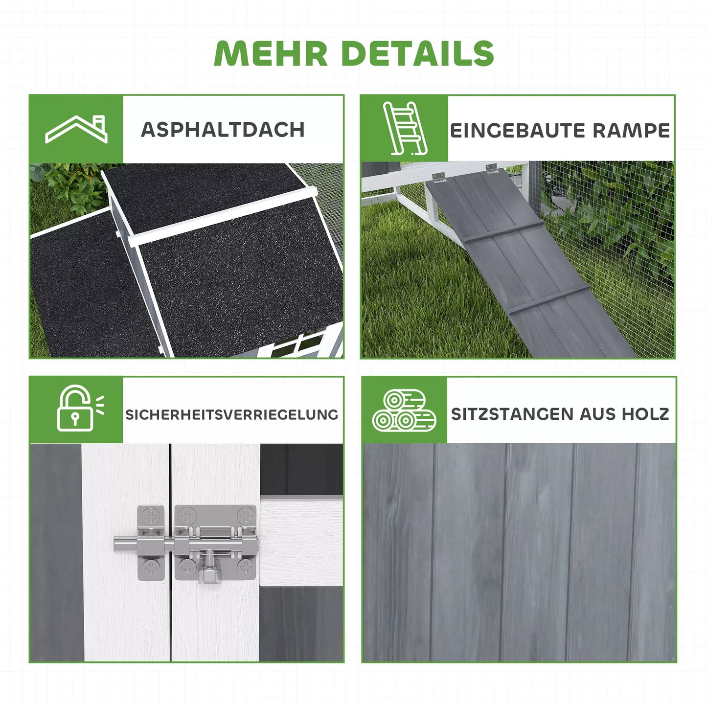 PawHut Vištidė su voljeru 3-4 vištoms, 3 dalių perėklų dėžė, 1,9 m² plotas, eglės mediena, pilka