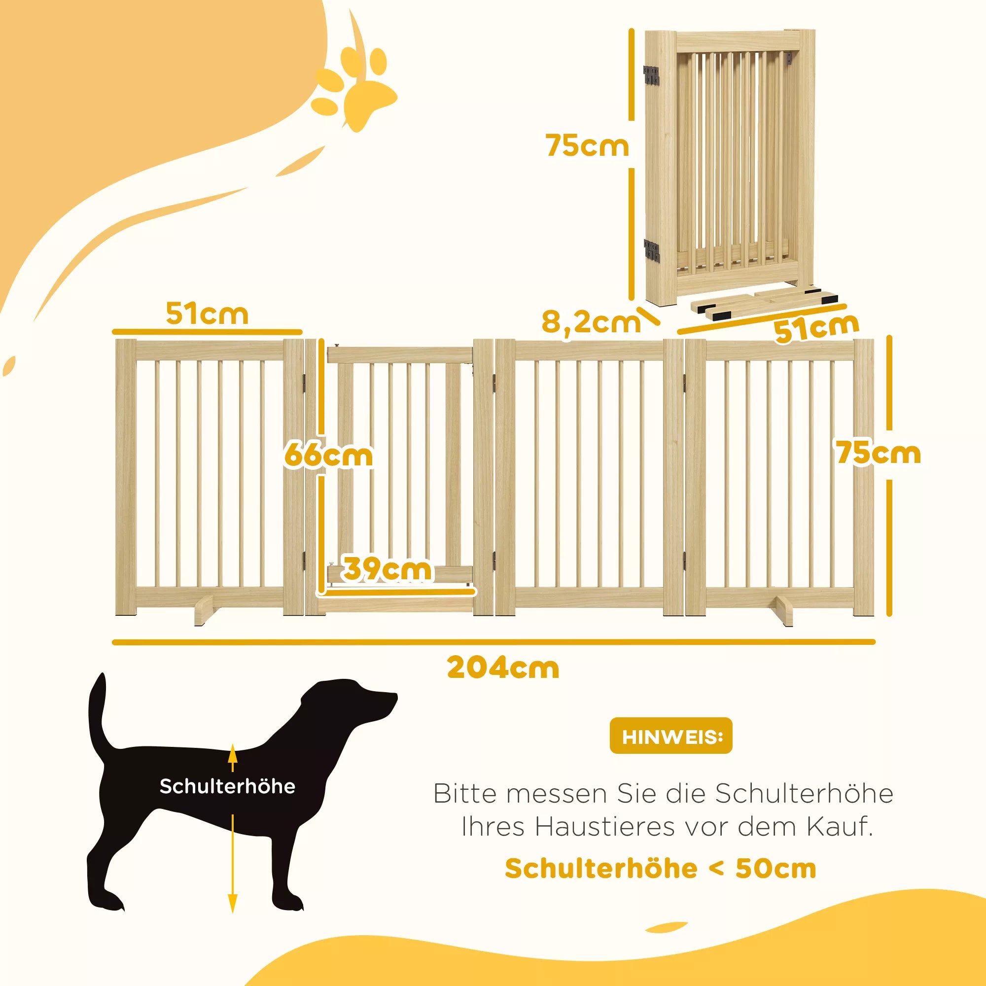 Laisvai statomi šunų aptvarai, 4 skydeliai, lankstūs, pušies mediena, 204 ilgis x 36 plotis x 75 aukštis cm, natūrali mediena
