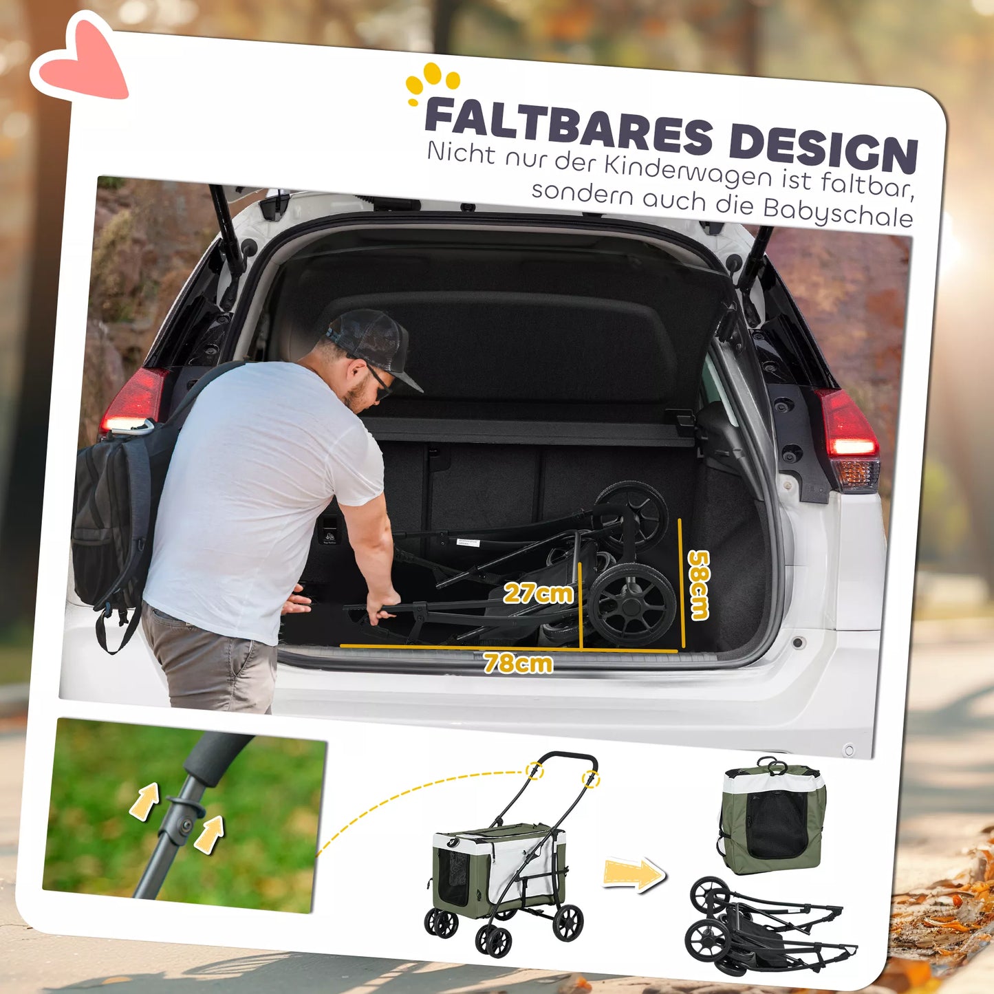 Suņu ratiņi, mājdzīvnieku ratiņi, saliekami, ar noņemamu grozu, 81 x 58 x 97,5 cm, melni+tumši zaļi+balti