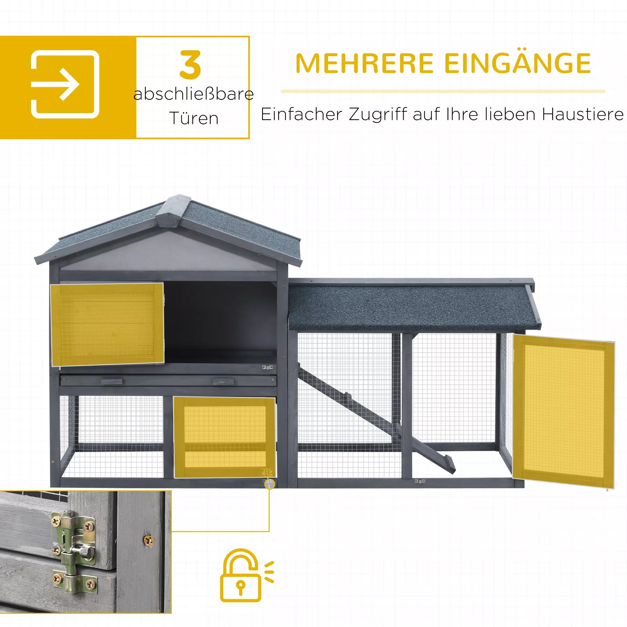 Mažų gyvūnėlių namelis su lauko aptvaru, jūrų kiaulyčių narvas lauke, mažų gyvūnėlių namelis iš eglės medienos, tamsiai pilkos spalvos, 147 x 54 x 84 cm
