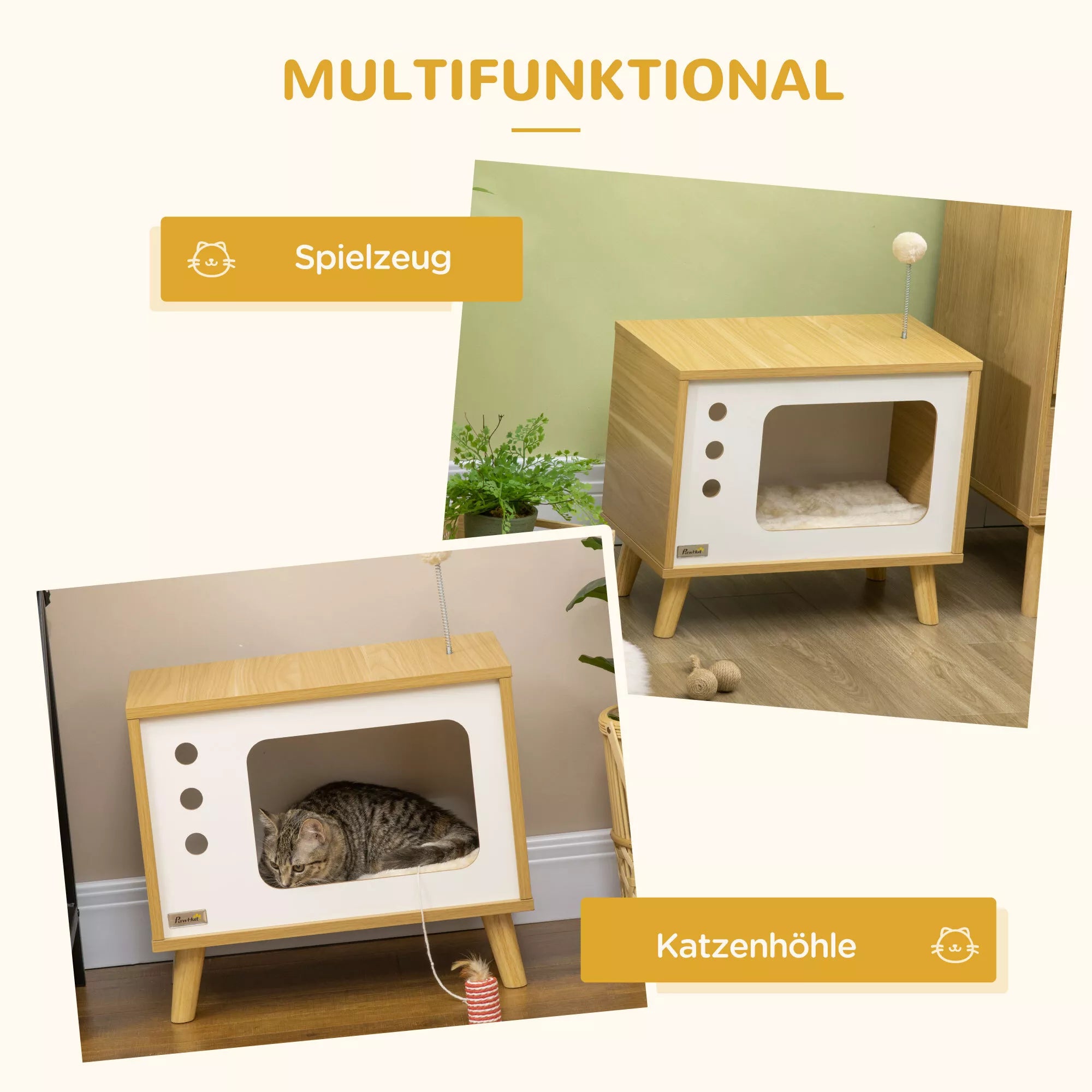 Kaķu mājiņas TV dizains ar rotaļlietu, mazgājams spilvens, 50 cm x 28 cm x 43 cm, ozols + bēšs + balts