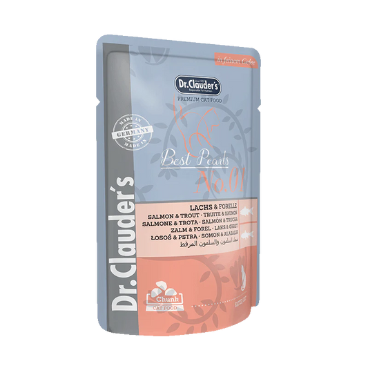 DR. CLAUDER'S drėgnas maistas katėms su lašiša ir upėtakiu drebučiuose 100 g
