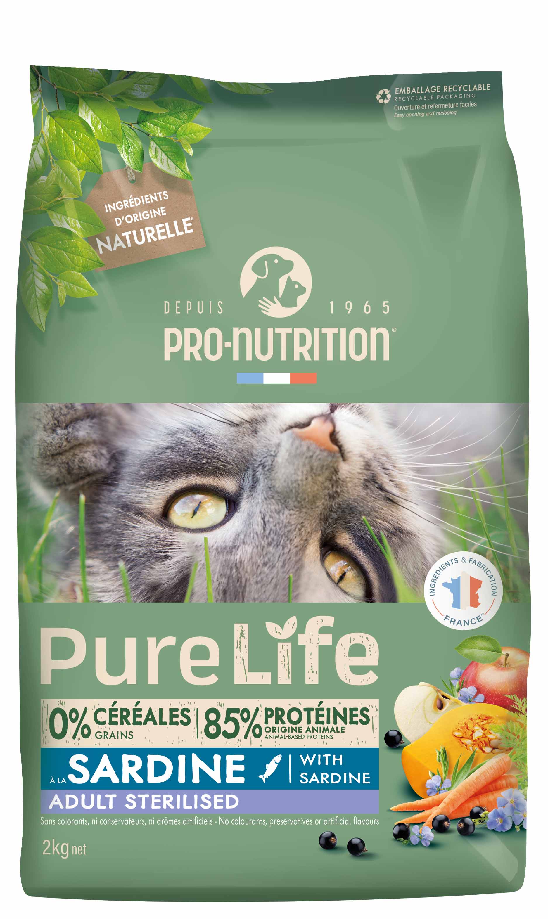 PRO-NUTRITION Pure Life Adult Sterilised sardine sausas maistas suagusioms sterilizuotoms katėms su sardinėmis  8 kg