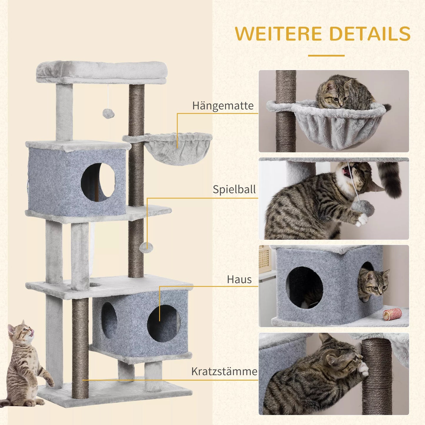 Aukšta draskyklė-medis katėms su 2 nameliais, guoliu ir platformomis, 142 cm, pilka