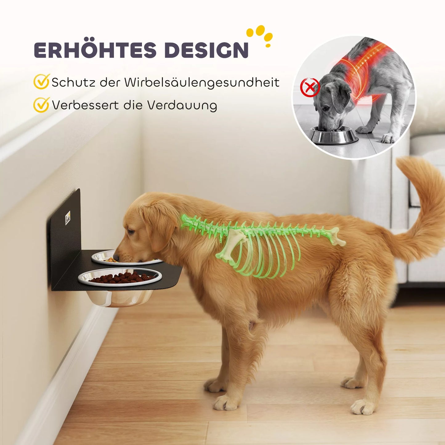 Šunų dubuo, reguliuojamo aukščio, sieninis dubuo su 2 x 800 ml nerūdijančio plieno dubenėliais, 42 x 23,5 x 14 cm, juodos spalvos