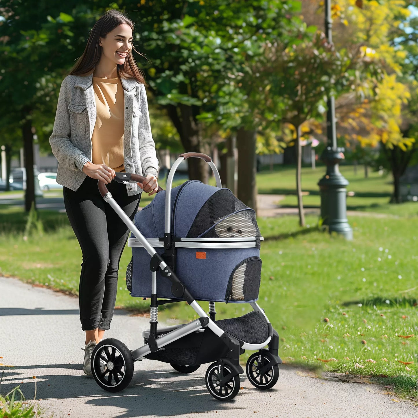 3 vienā ratiņi suņiem un kaķiem, saliekami, kaķiem līdz 10 kg, ar spilvenu, krūzīšu turētāju, tumši zili