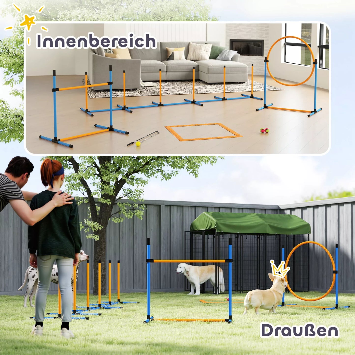 Agility rinkinys šunims, 7 dalys. Agility įranga šunų dresūrai. Sudedamų kliūčių rinkinys žaidimams ir treniruotėms.