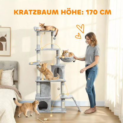 Kačių draskyklė, 170 cm, su tuneliu, nišomis, didele baze, sizaliniais stulpais, šviesiai pilka