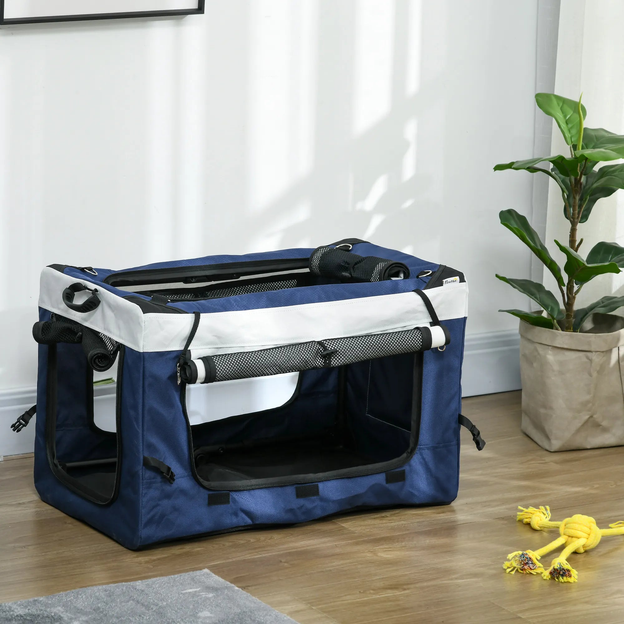 Vežimėlis šuniui, vežimėlis augintiniui, augintinio transportavimo priemonė iki 10 kg, sulankstomas, reguliuojamos rankenos, nuimamas krepšys, 81 x 58 x 97,5 cm, juoda + mėlyna + balta