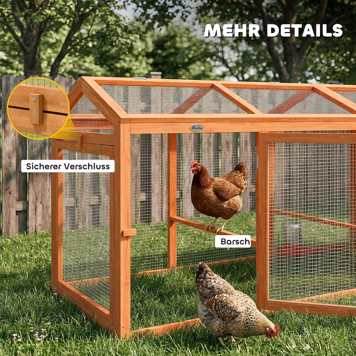 Lauko aptvaras vištoms 156x70,5x84 cm, medinis, su lakta ir dvejomis durimis, 4 vištoms, oranžinis