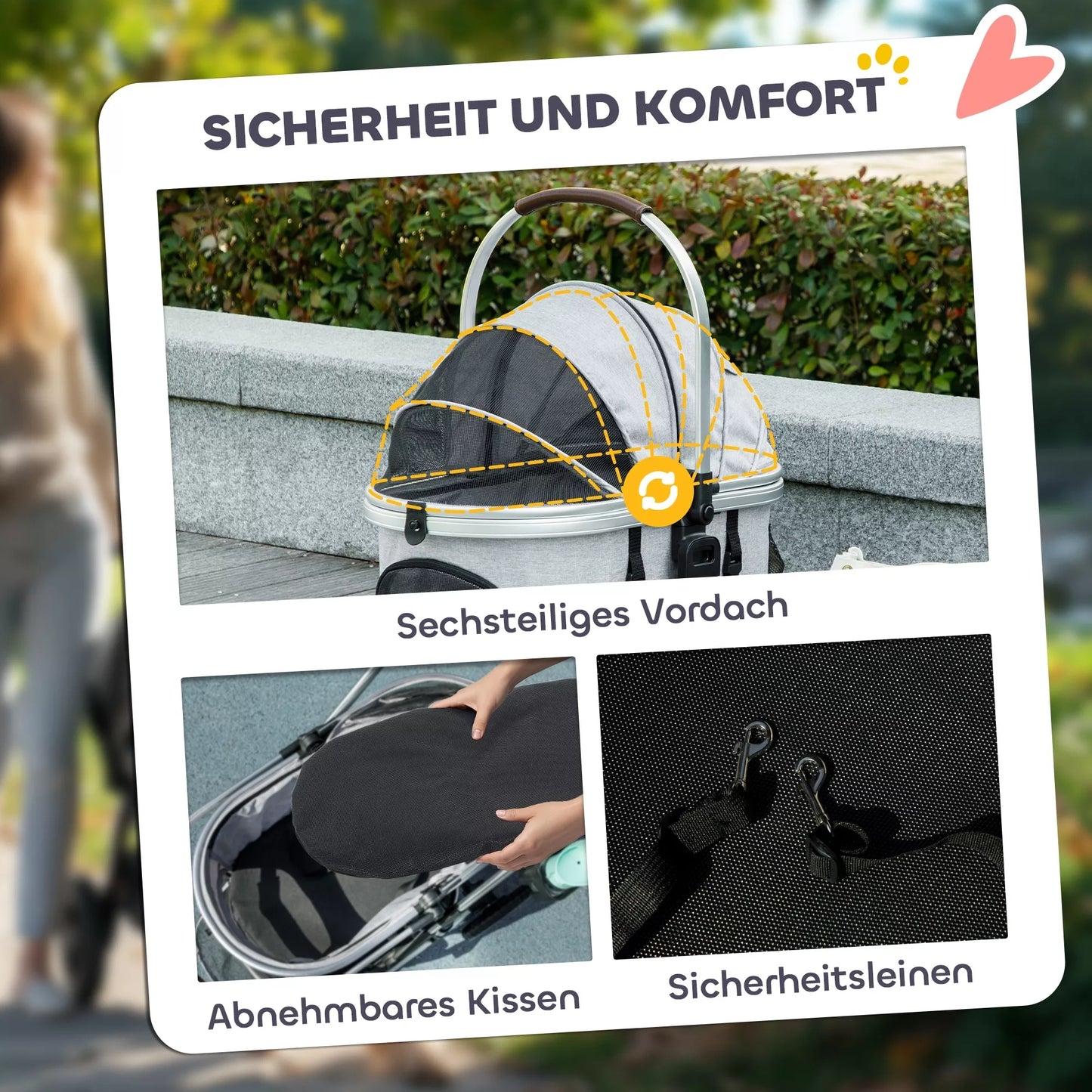 3-vienā suņu ratiņi, salokāmi kaķiem līdz 10 kg, kaķu ratiņi ar spilvenu un krūzes turētāju, gaiši pelēki