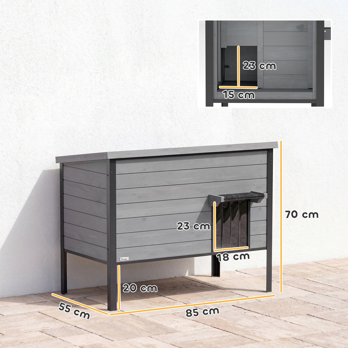 Lauko namelis katėms 85x55x70 cm, su atidaromu stogu, ištraukiamu dugnu ir pertvara, 1–2 katėms, šviesiai pilkas
