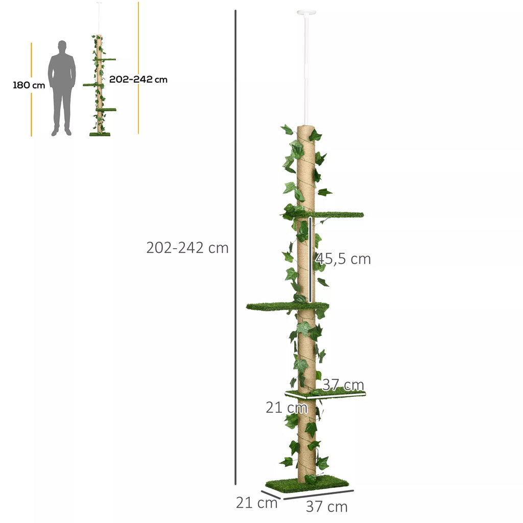 Katės draskyklė, aukštis reguliuojamas 202-242 cm, neslystanti, su džiuto virve aptrauktais stulpeliais, medžio drožlių plokštė, žalia/geltona