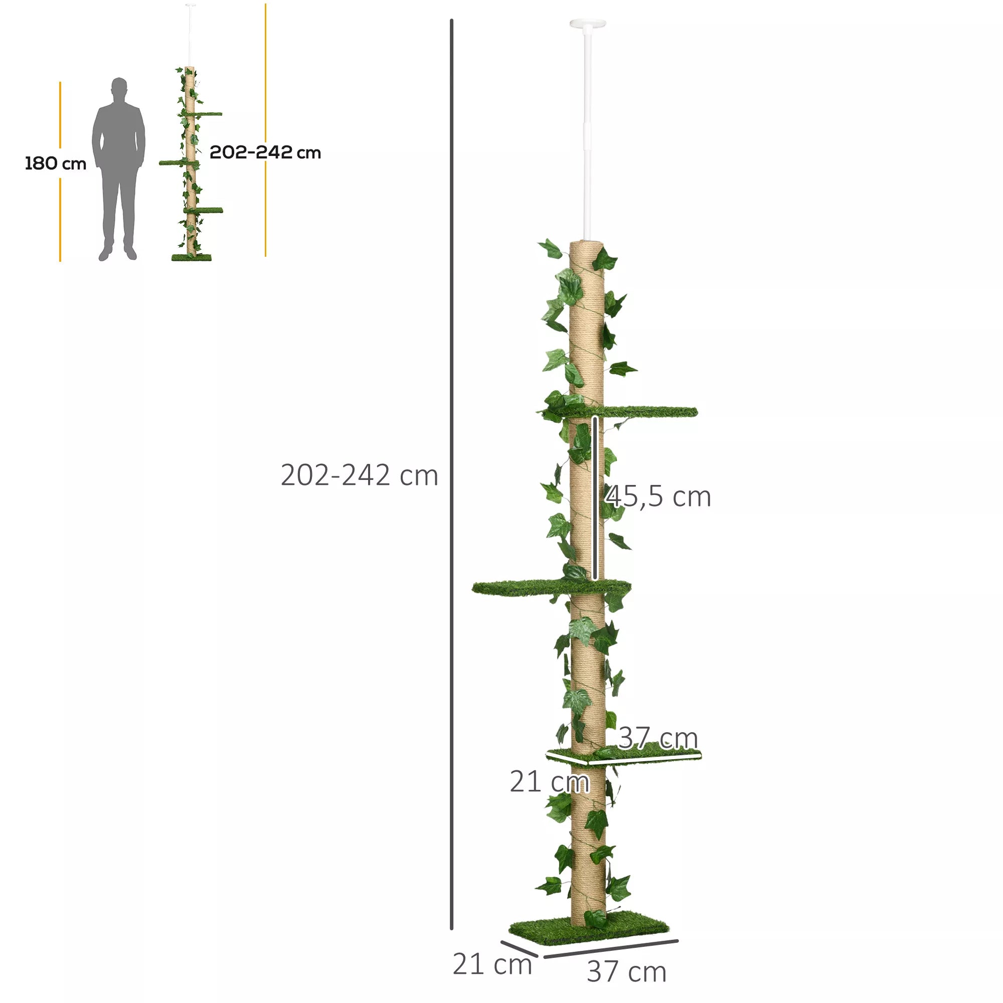 Katės draskyklė, aukštis reguliuojamas 202-242 cm, neslystanti, su džiuto virve aptrauktais stulpeliais, medžio drožlių plokštė, žalia/geltona