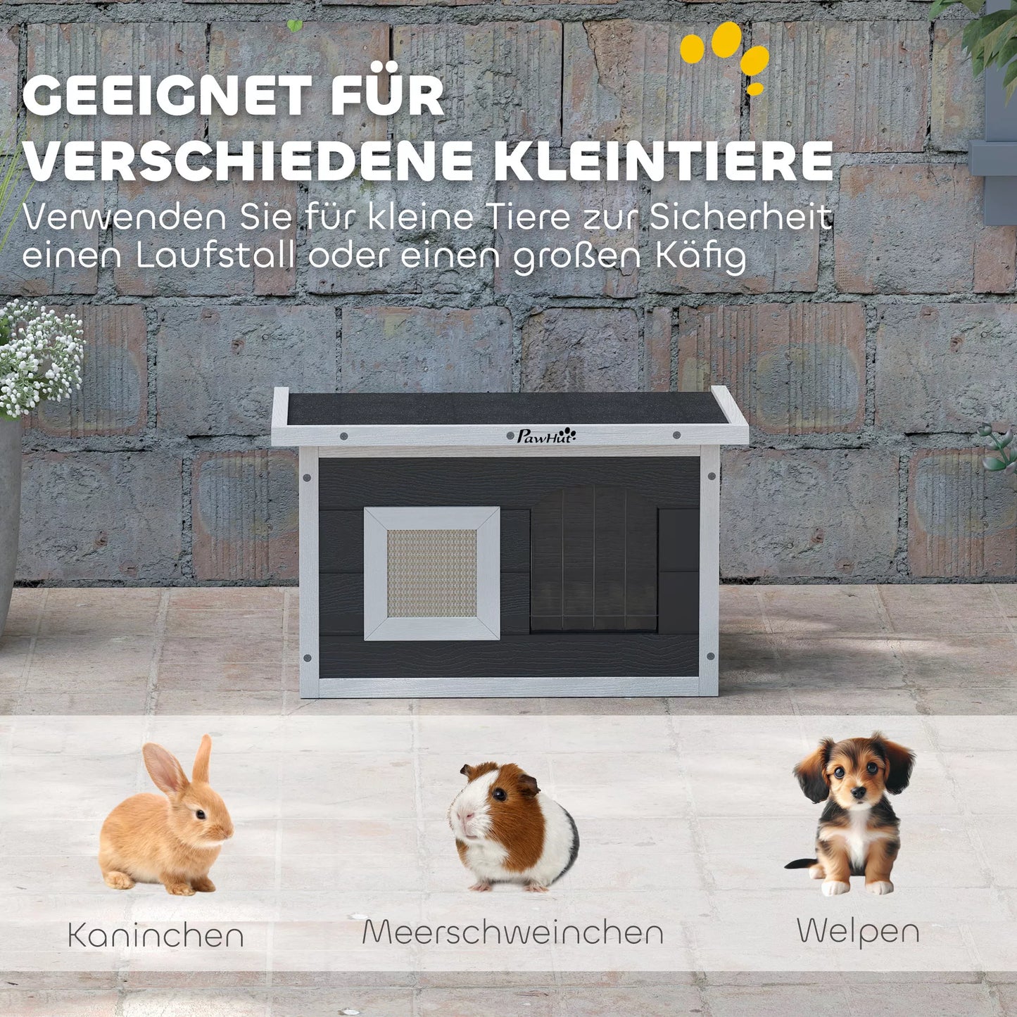 Katės namelis, pasislėpimo vieta katėms ir triušiams, medinis namelis su draskykle, durelėmis, 61 x 45 x 36,5 cm, pilkos spalvos