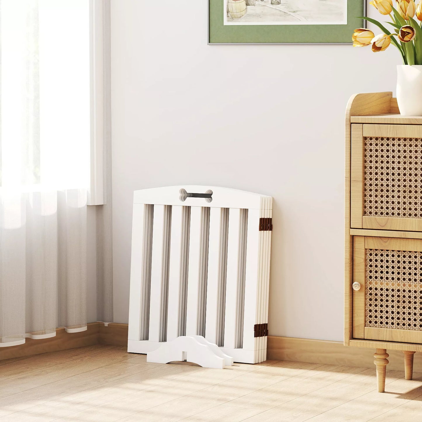 Laisvai stovinti šunų grotelė su atraminėmis kojomis, skirta durų rėmams, koridoriui, laiptams, 258 x 30 x 61 cm, balta