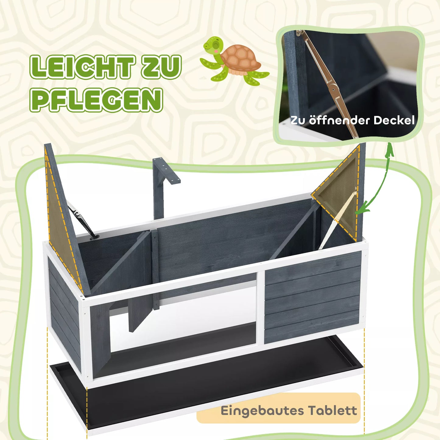 PawHut Vėžlių namelis su lengvai atidaromu viršumi, lempos laikikliu, permatoma priekine dalimi, 120 x 50 x 40 cm, Pilka