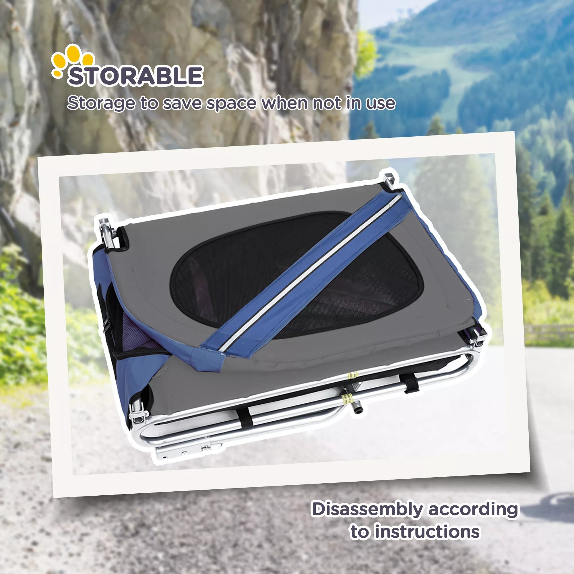 2-vienā mājdzīvnieku un velosipēda ratiņi, līdz 20 kg, salokāmi, lietus pārsegs, drošības karodziņš, atstarotāji, tērauda, ​​pelēks+zils, 130 x 73 x 90 cm