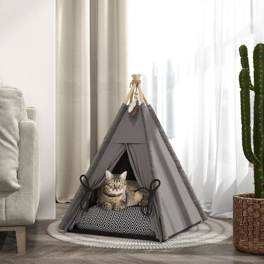 Tipi tent for pets, Tipi design pet bed, Cat tent with cushion, Dog bed for sleeping, Cat bed, Gray