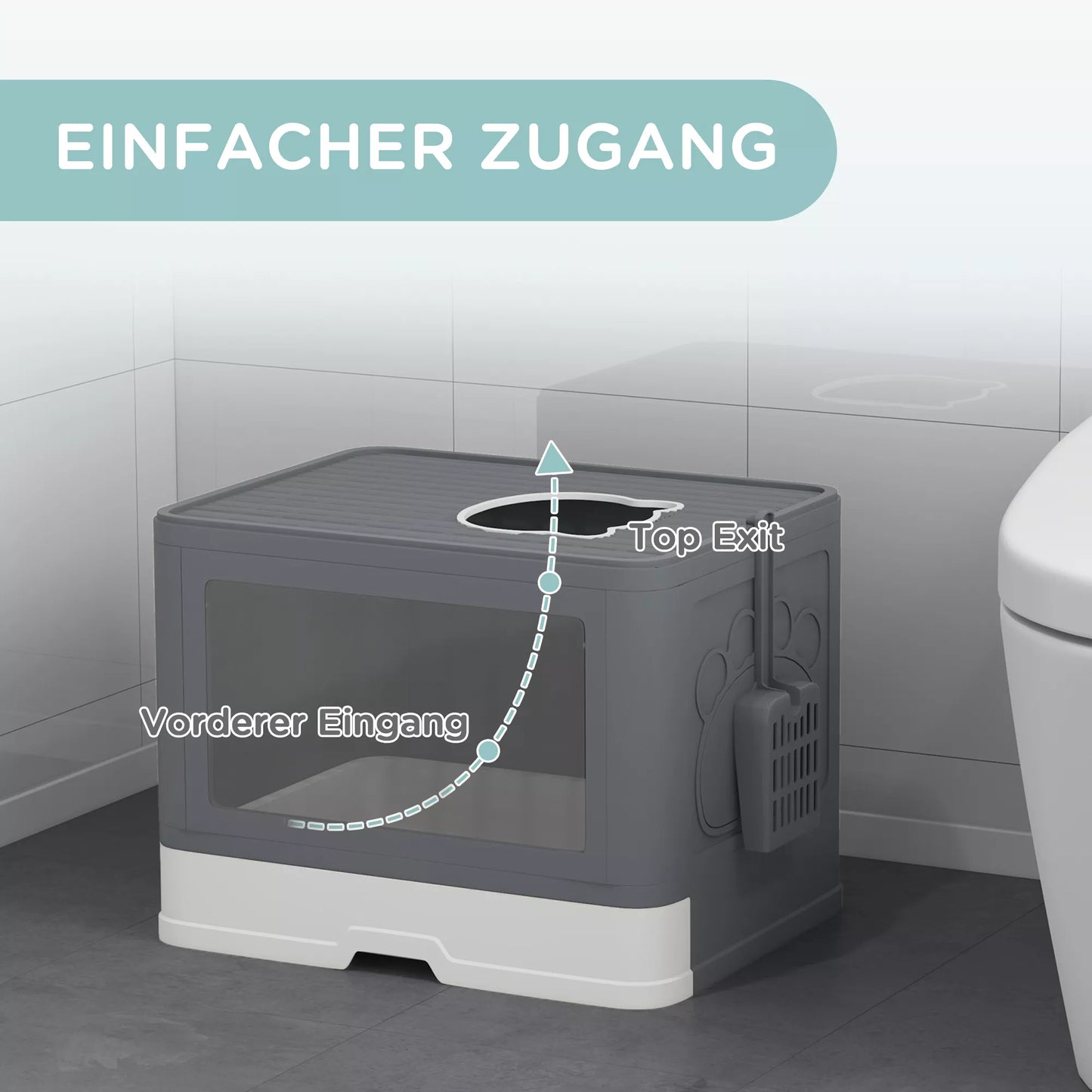 Kačių tualetas su dangčiu, 2 įėjimai, 48,5 x 38 x 36,5 cm, Pilka + Balta