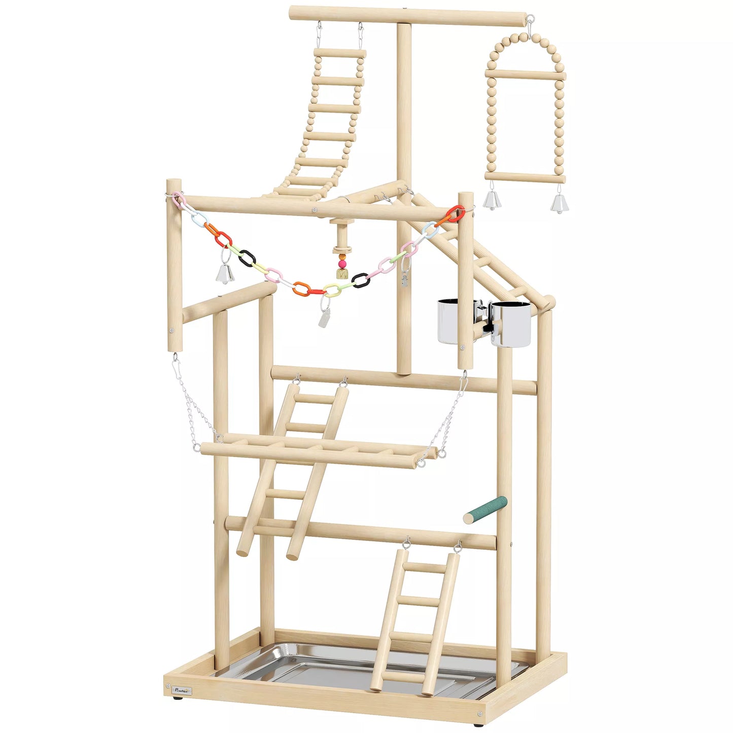 Putnu statīvs, putnu statīva komplekts, 4 līmeņi, nerūsējošā tērauda paplāte, rotaļlietas, dabīgs koks