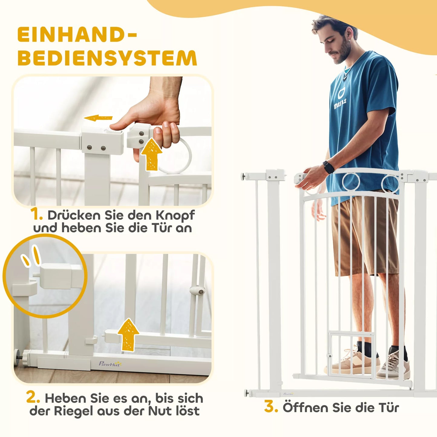 106 cm aukščio naminių gyvūnėlių tvorelė su reguliuojamu pločiu, integruotos katės durelės, skirta laiptams ir durų staktoms, balta