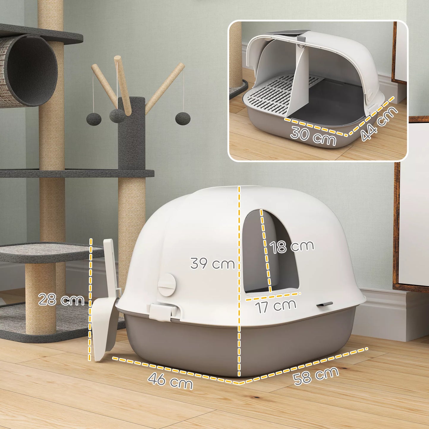 Katės tualetas su dangčiu ir vidiniu lataku, durelėmis, kastuvėliu, lengvai valomas, plastikas, šviesiai pilkas