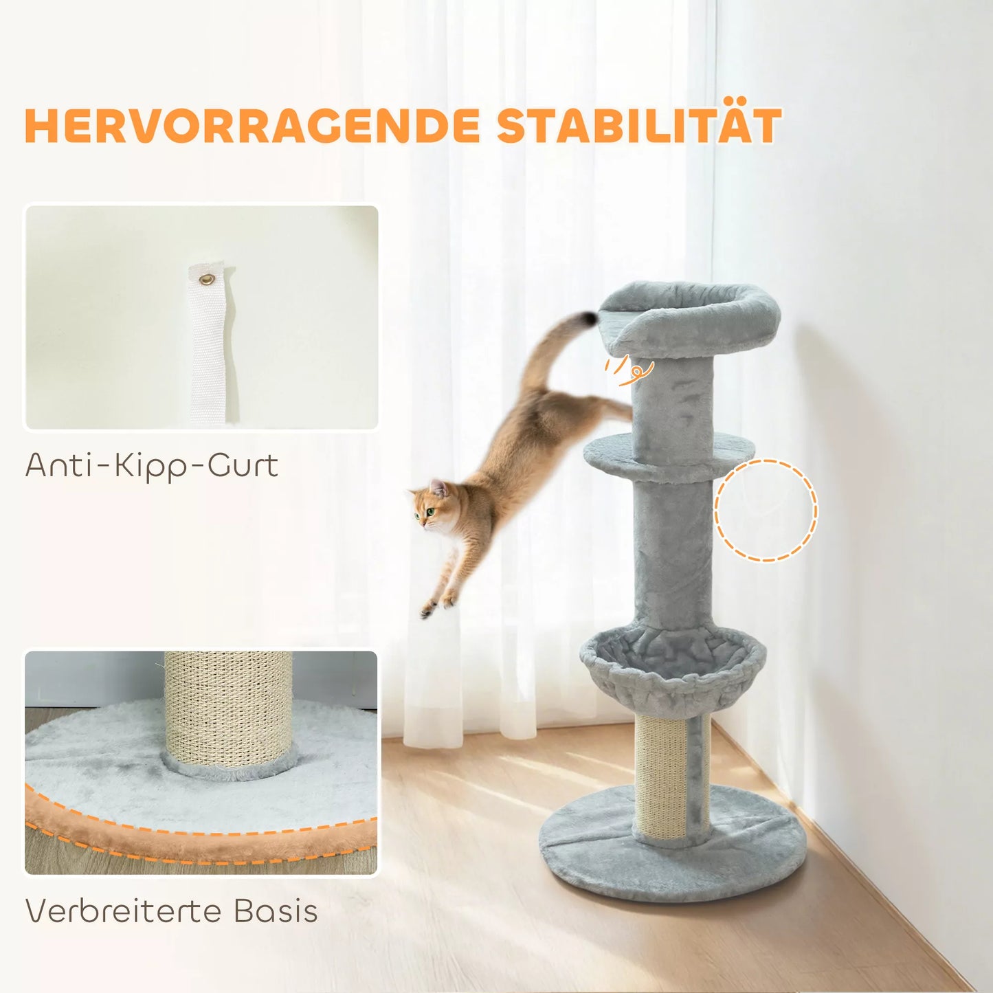 Katės draskyklė, sisaliniai stulpeliai, daugiaaukštė, pliušinis audinys, kabantis kamuoliukas, šviesiai pilka