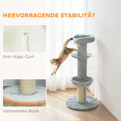 Katės draskyklė, sisaliniai stulpeliai, daugiaaukštė, pliušinis audinys, kabantis kamuoliukas, šviesiai pilka