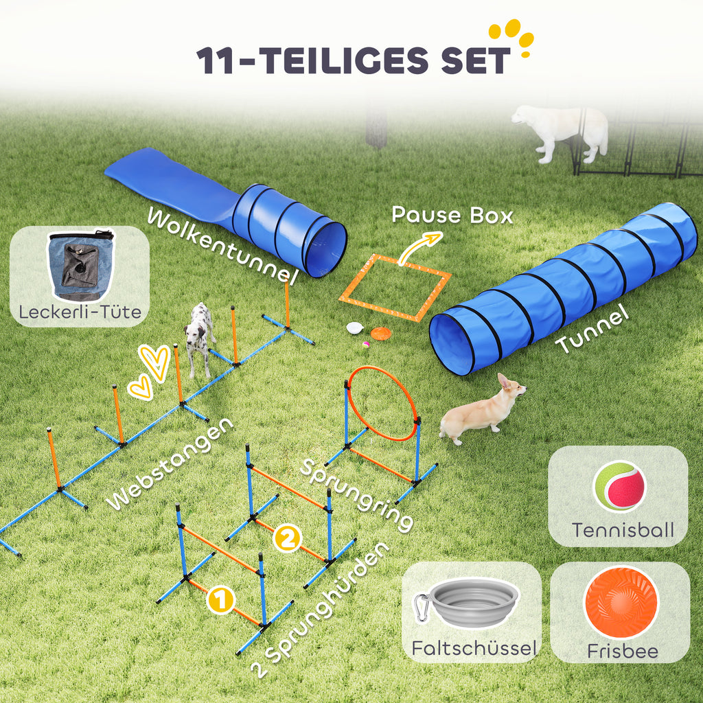 Agility rinkinys šunims, 11 dalių, su 2 tuneliais, šuolių lanku, barjerais ir slalomo stulpais, oranžinis