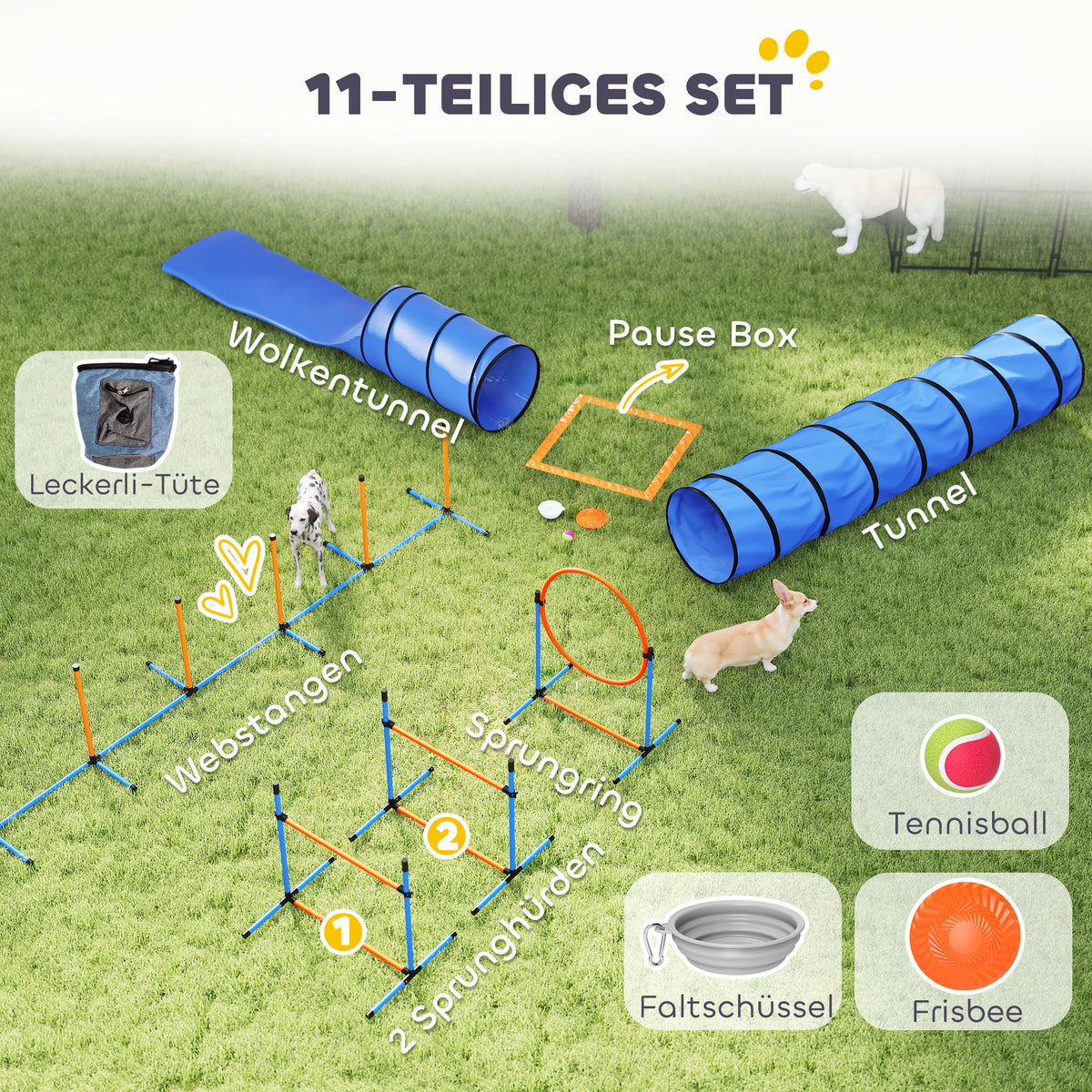 Agility rinkinys šunims, 11 dalių, su 2 tuneliais, šuolių lanku, barjerais ir slalomo stulpais, oranžinis
