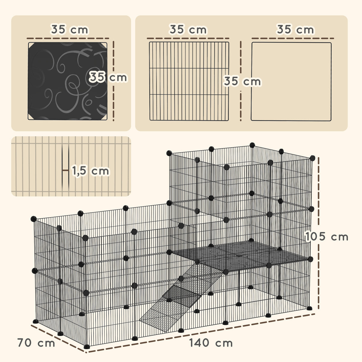 Aptvaras nykštukiniams triušiams ir jūrų kiaulytėms iš 39 plokščių, 2 aukštų su rampa, 140x70x105 cm, juodas