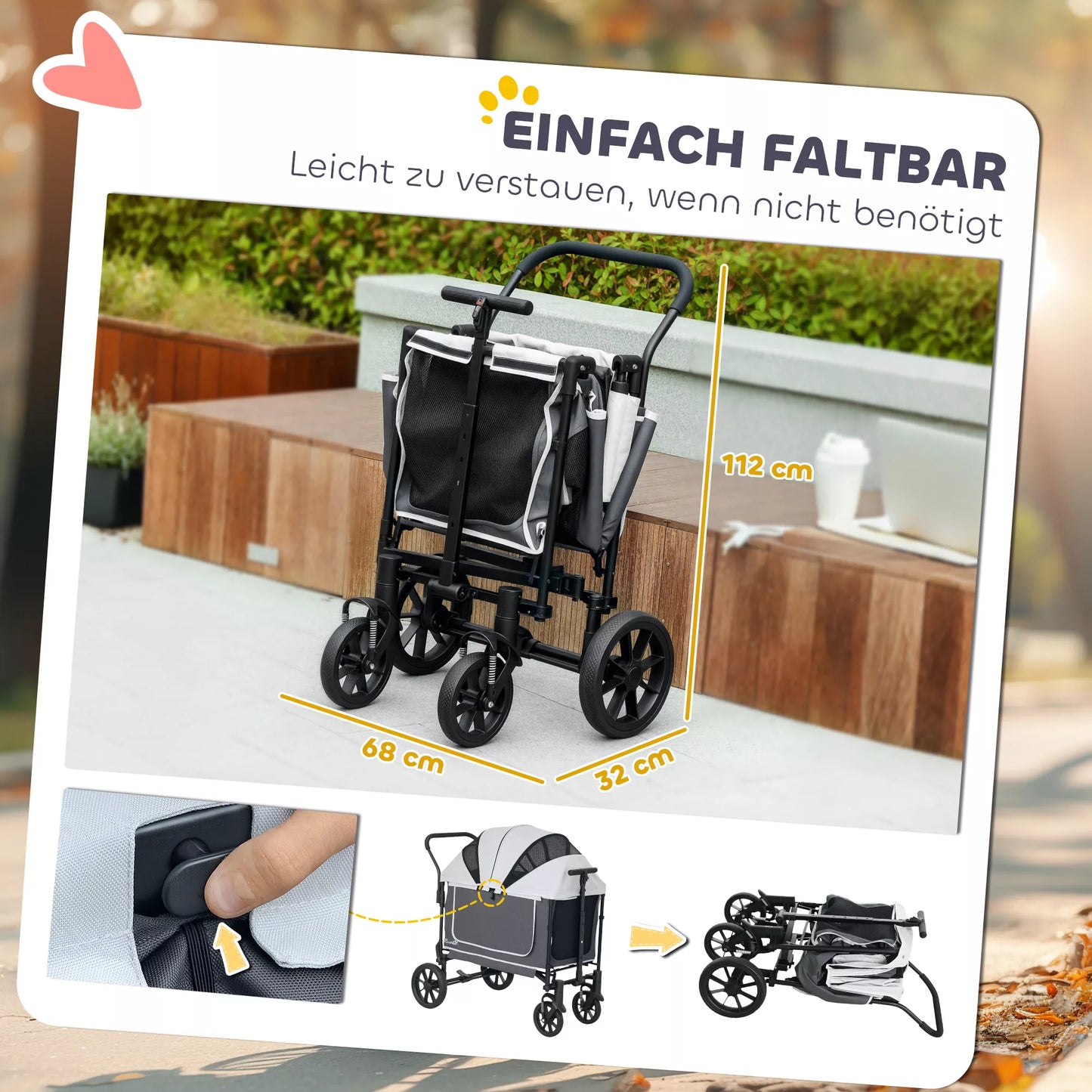 Sulankstomas vežimėlis šunims ir katėms iki 30 kg, 110 x 65 x 102 cm, tamsiai pilkas