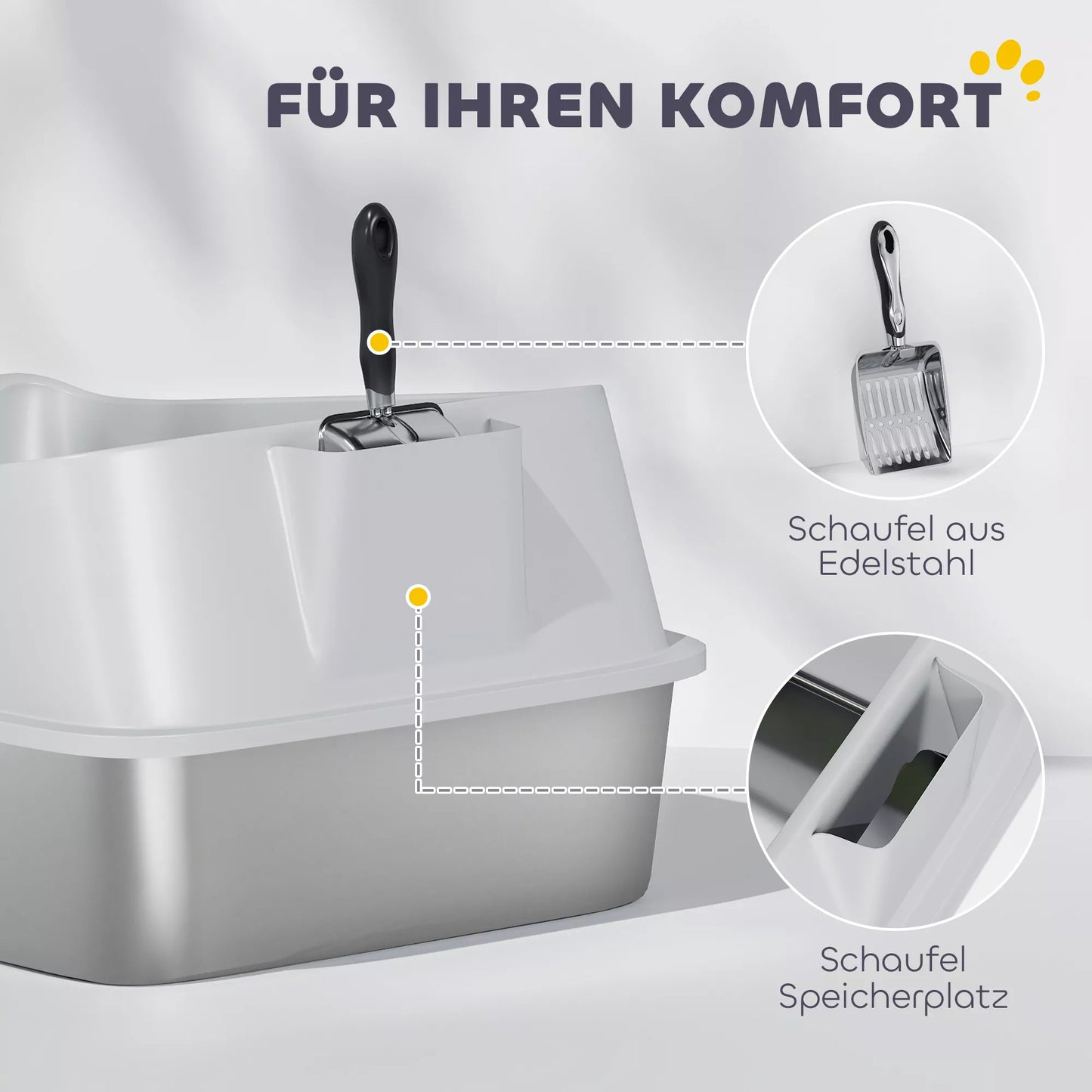 Katės tualetas iš nerūdijančio plieno Atviras katės tualetas su aukštu kraštu ir kastuvu, skirtas didelėms katėms iki 7 kg, 60,2 x 40,2 x 29,7 cm, pilkos spalvos