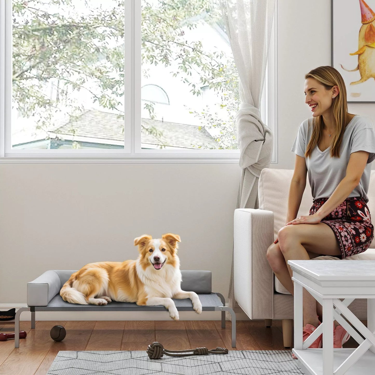 Āra suņu gulta, paaugstināta suņu gulta vidēja lieluma suņiem, ar L-veida spilvenu, 110x75x30cm, gaiši pelēka