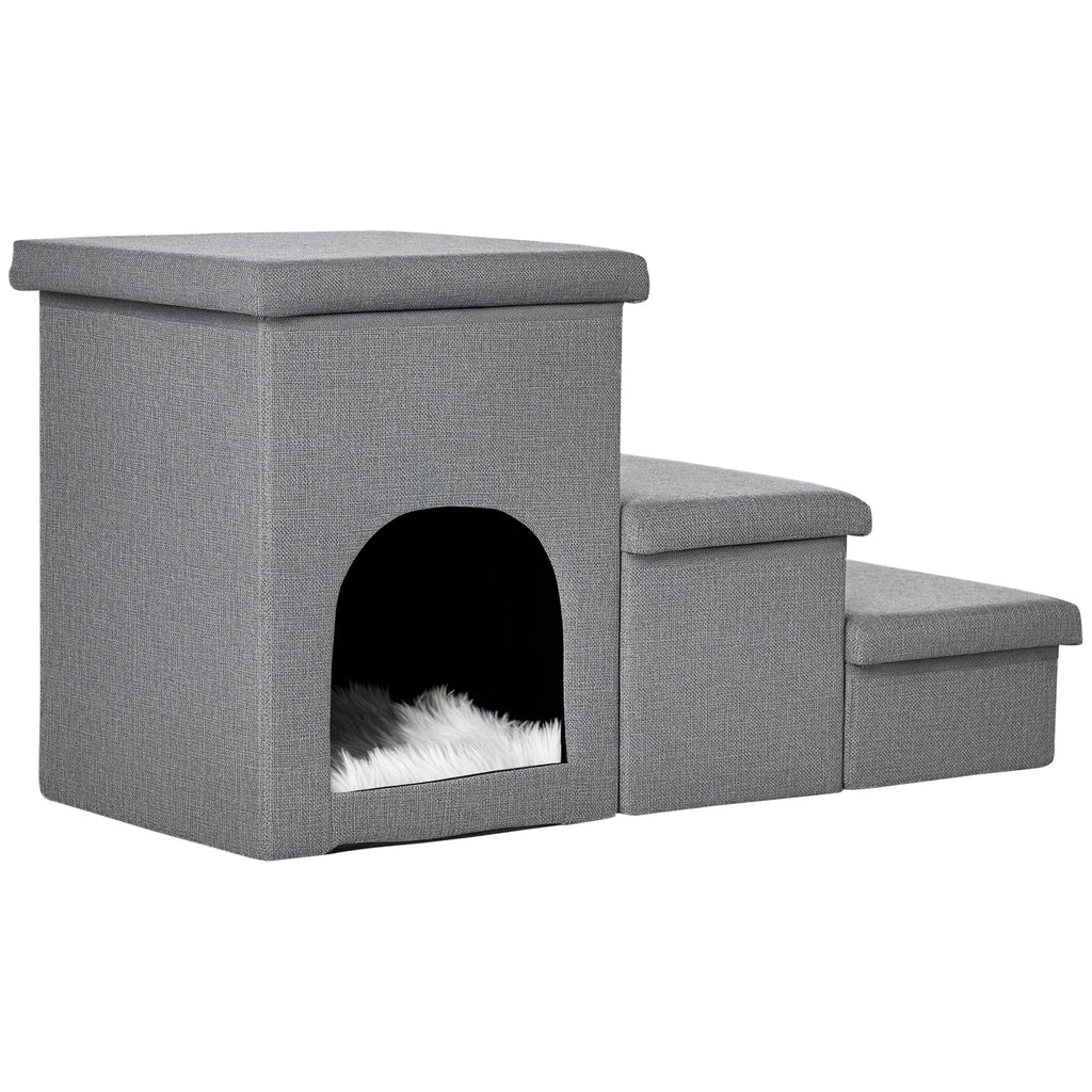 Laipteliai augintiniams su nameliu ir paslėpta daiktadėže, 73,5x33x40,5 cm, katėms iki 5 kg, šviesiai pilki