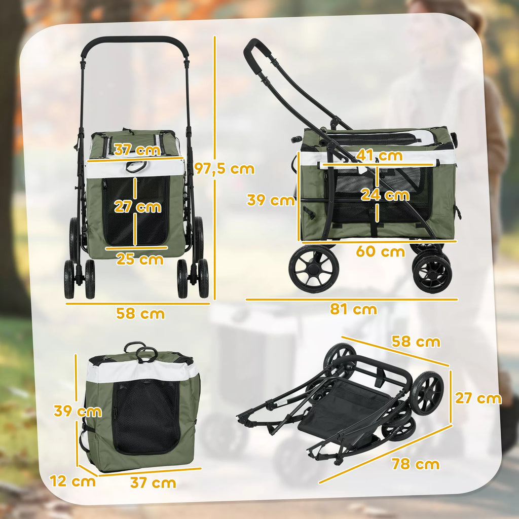 Vežimėlis šuniui, gyvūnėlių vežimėlis, sulankstomas, su nuimamu krepšiu, 81 x 58 x 97,5 cm, juoda+tamsiai žalia+balta