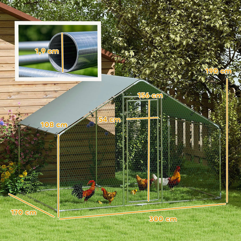 Vištidė 5–8 vištoms, stoginis tentas, užrakinamos durys, plieninis rėmas, 5,1 m², 3 x 1,7 x 1,9 m