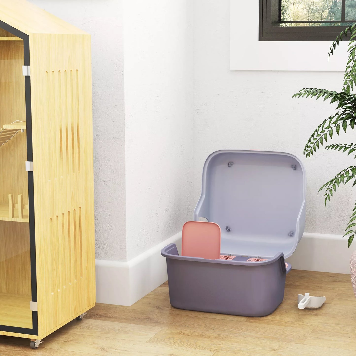 Katės tualetas su dangčiu ir kastuvėliu, lengva valyti, uždaromas, violetinės spalvos