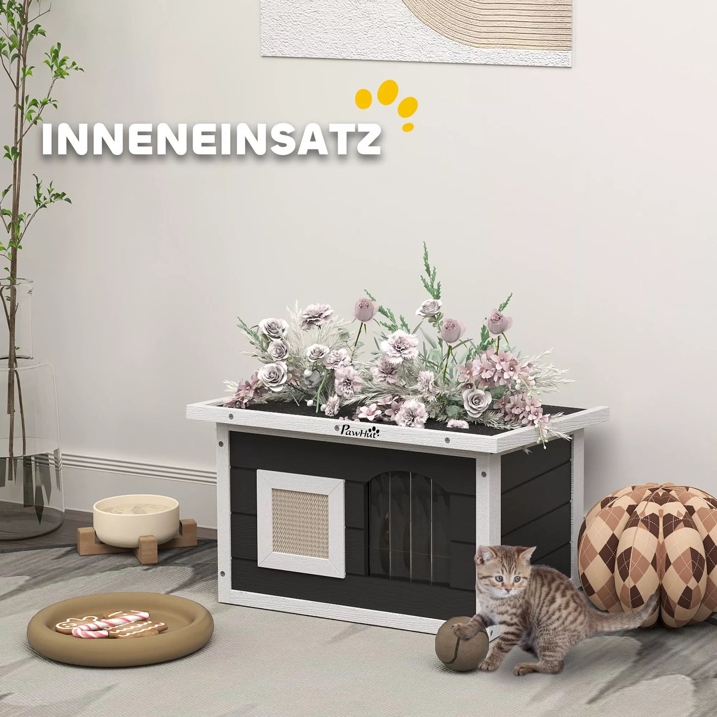 Katės namelis, pasislėpimo vieta katėms ir triušiams, medinis namelis su draskykle, durelėmis, 61 x 45 x 36,5 cm, pilkos spalvos