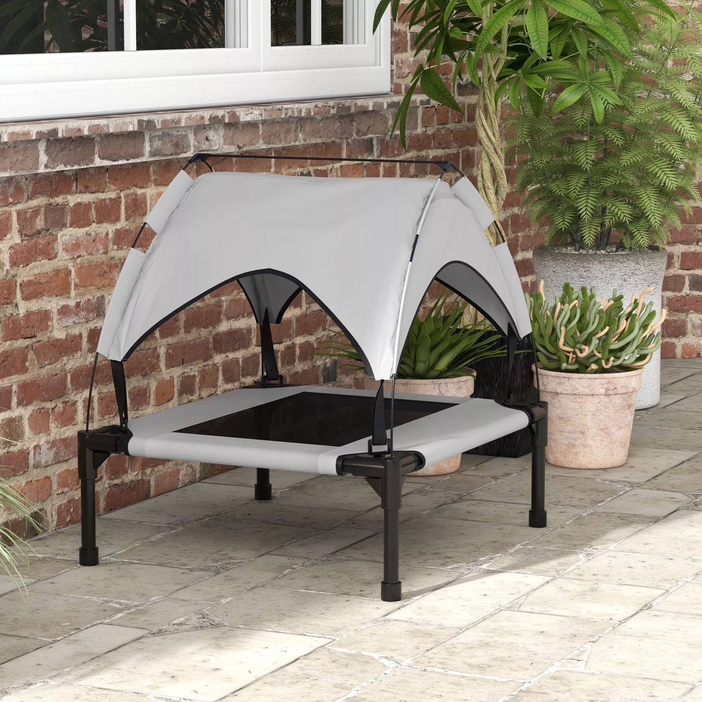 Šunų lovelė su stogu, kvėpuojanti, atspari vandeniui, iki 20 kg, 76 x 61 x 69,5 cm, šviesiai pilka