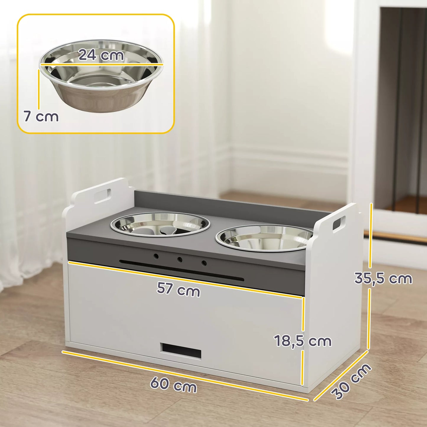 Paaukštintas šunų dubenėlių stovas su daiktų laikymo spintele, šėrykla su dviem dubenėliais, medis ir nerūdijantis plienas, 60 x 30 x 35,5 cm, balta