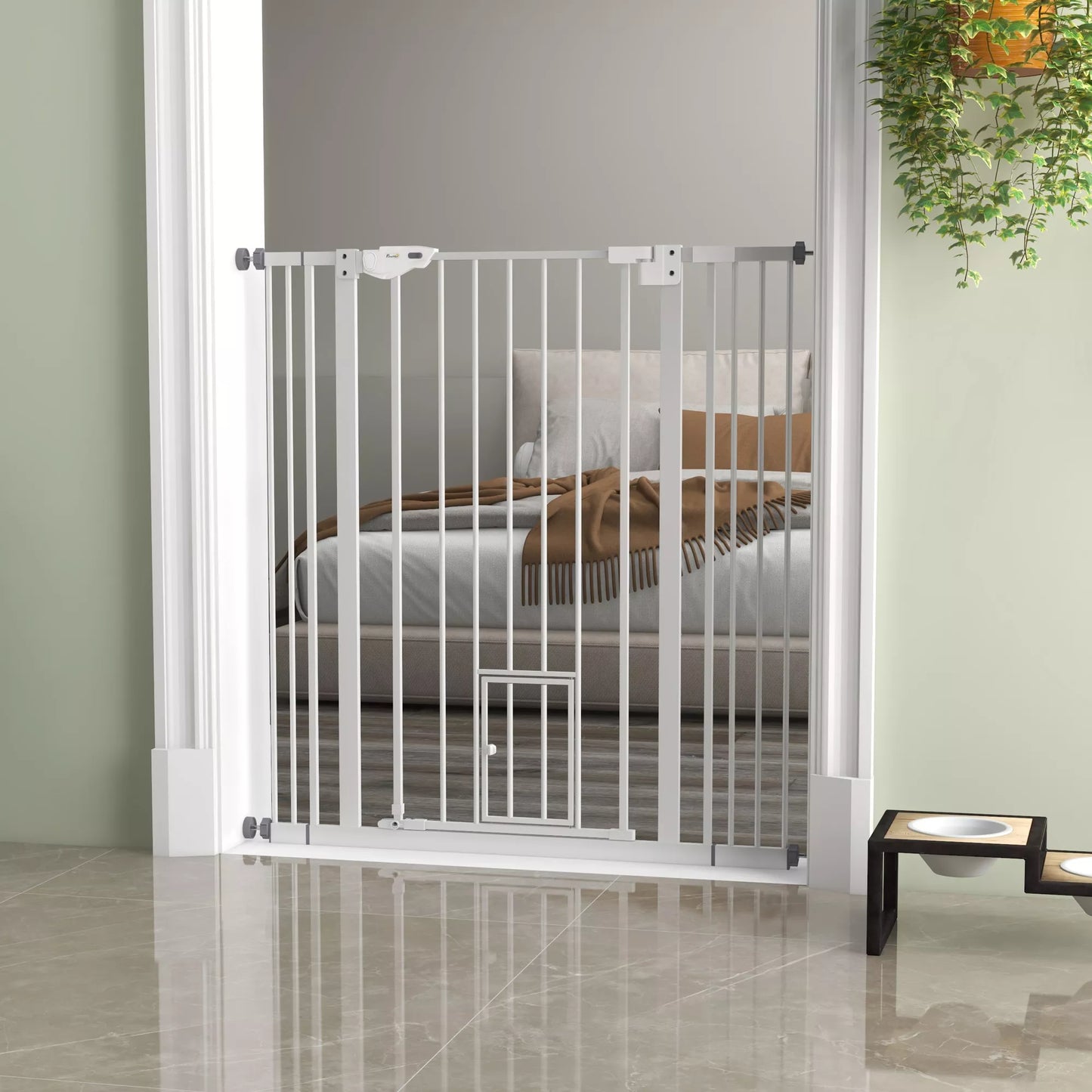 Šunų apsauginiai varteliai, dviguba fiksacija, savaime užsidarančios durys, 104 cm aukščio, plienas, balta