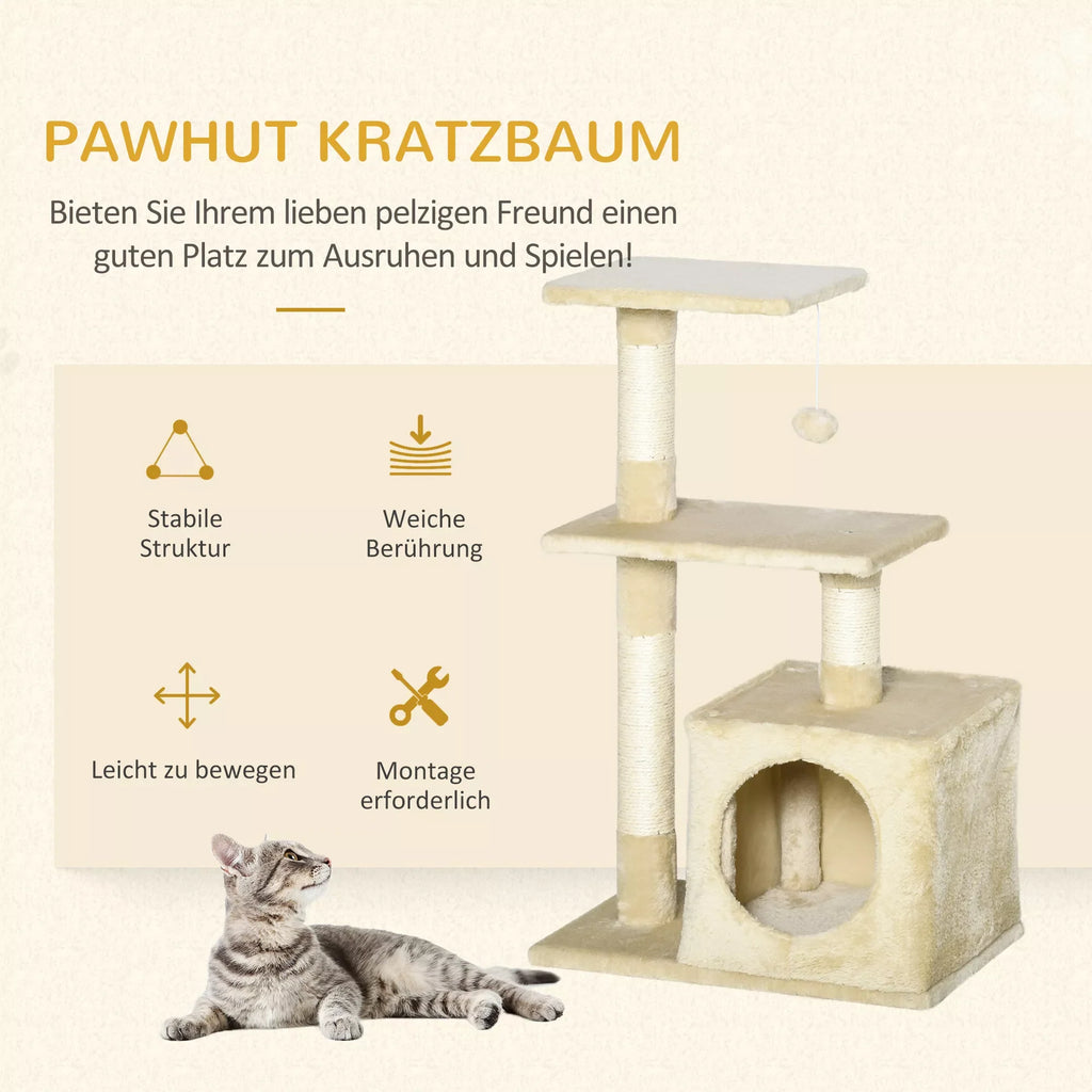 Kaķu koks ar sizala pamatni, skrāpējamais stabs, kaķu mēbeles, skrāpējamais dēlis ar mīkstu plīša pildījumu, kaķu rotaļlieta, stabils, E1 klases skaidu plāksne, bēša, 50 x 30 x 81,5 cm