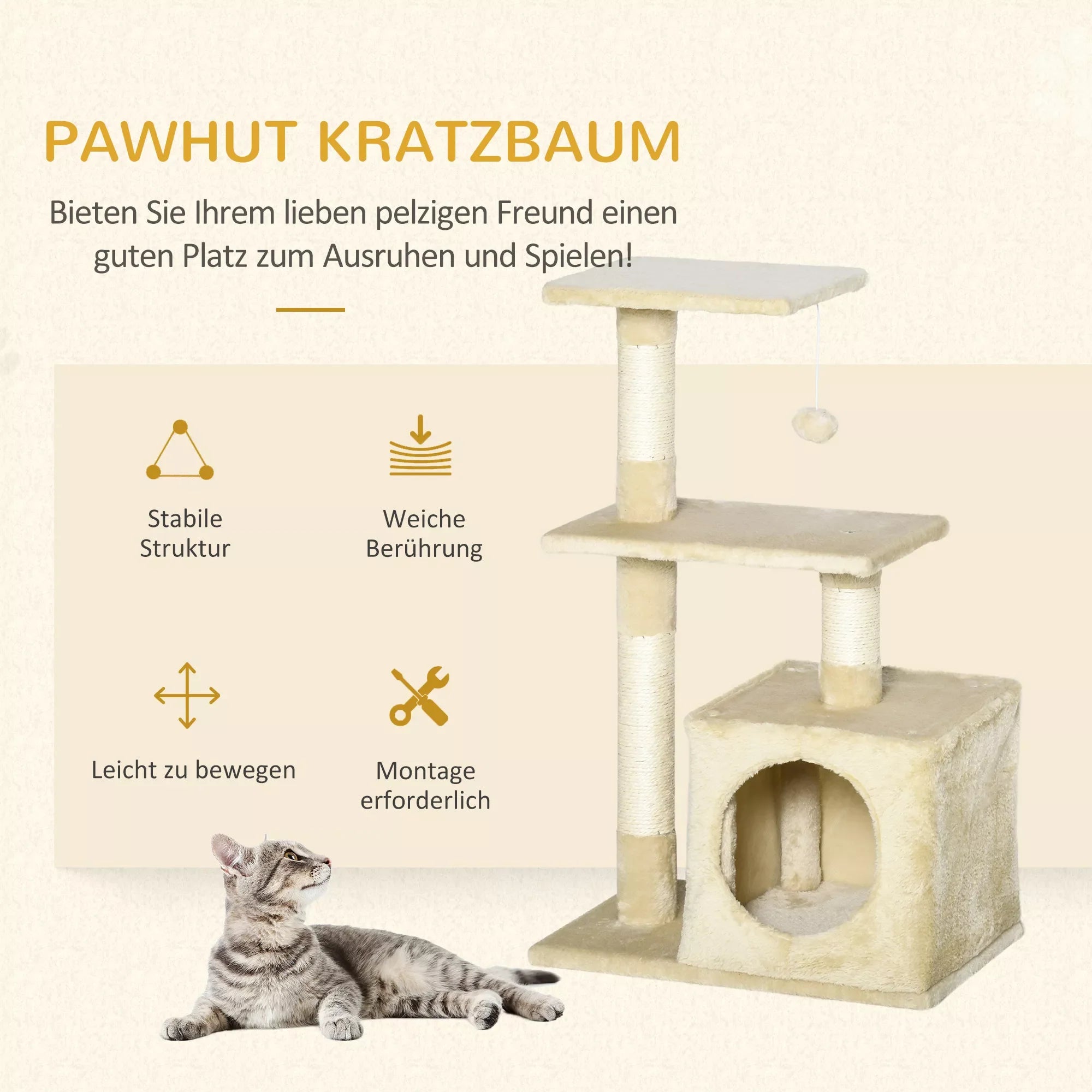 Kaķu koks ar sizala pamatni, skrāpējamais stabs, kaķu mēbeles, skrāpējamais dēlis ar mīkstu plīša pildījumu, kaķu rotaļlieta, stabils, E1 klases skaidu plāksne, bēša, 50 x 30 x 81,5 cm
