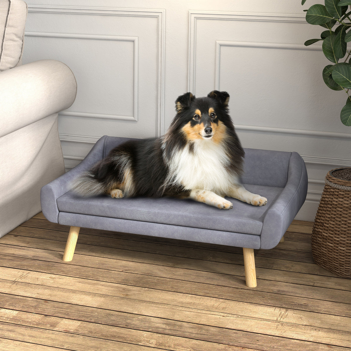 Sofa šunims su nuimama pagalve, aksominė, šunims iki 25 kg, 102x58,5x42,5 cm, pilka