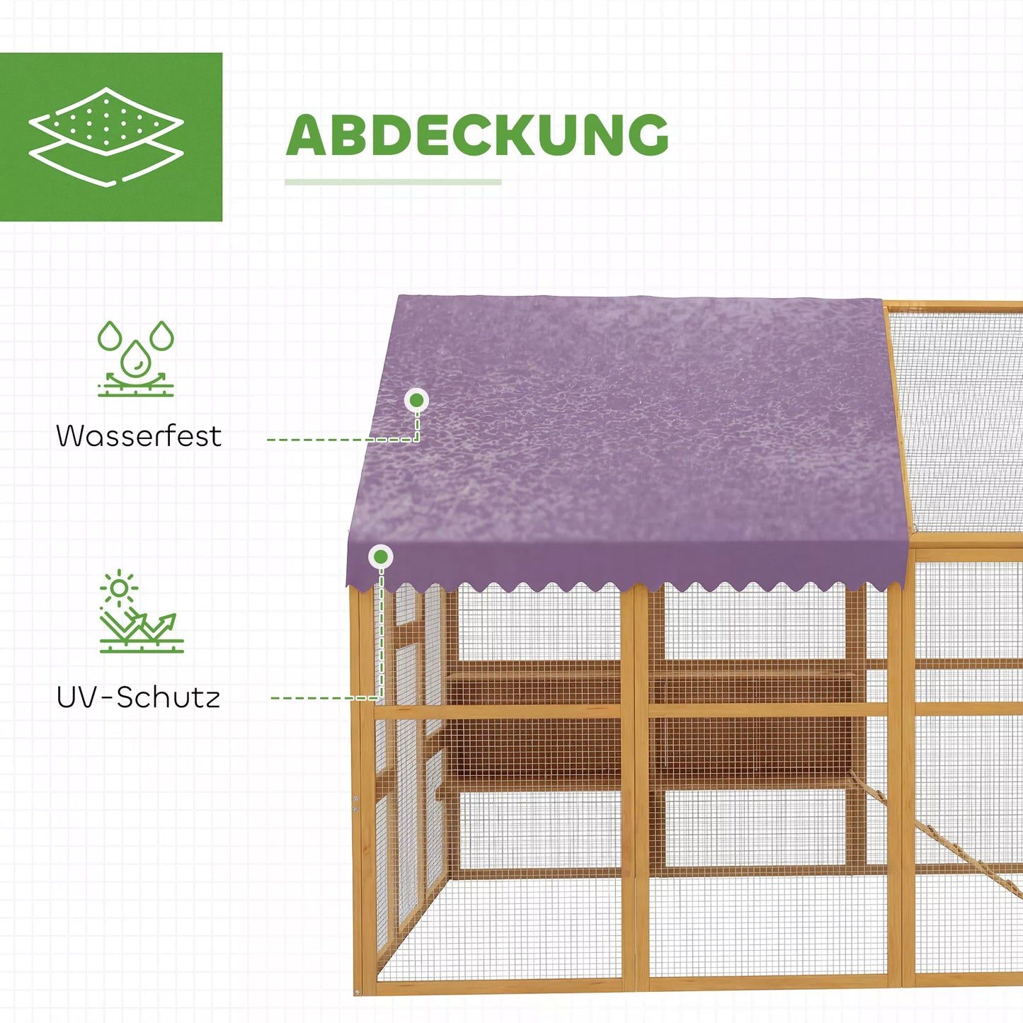 Vištidė iš medžio su laisvu išėjimu, saugumo spyna, durimis, 4 lizdiniais dėžutėmis, skirta 8–12 vištoms, maždaug 2,8 x 1,8 x 1,9 m, geltona