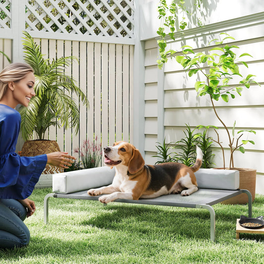 Lauko šunų gultas, paaukštinta šunų lova vidutinio dydžio šunims, su L formos pagalvėle, 110x75x30cm, šviesiai pilka