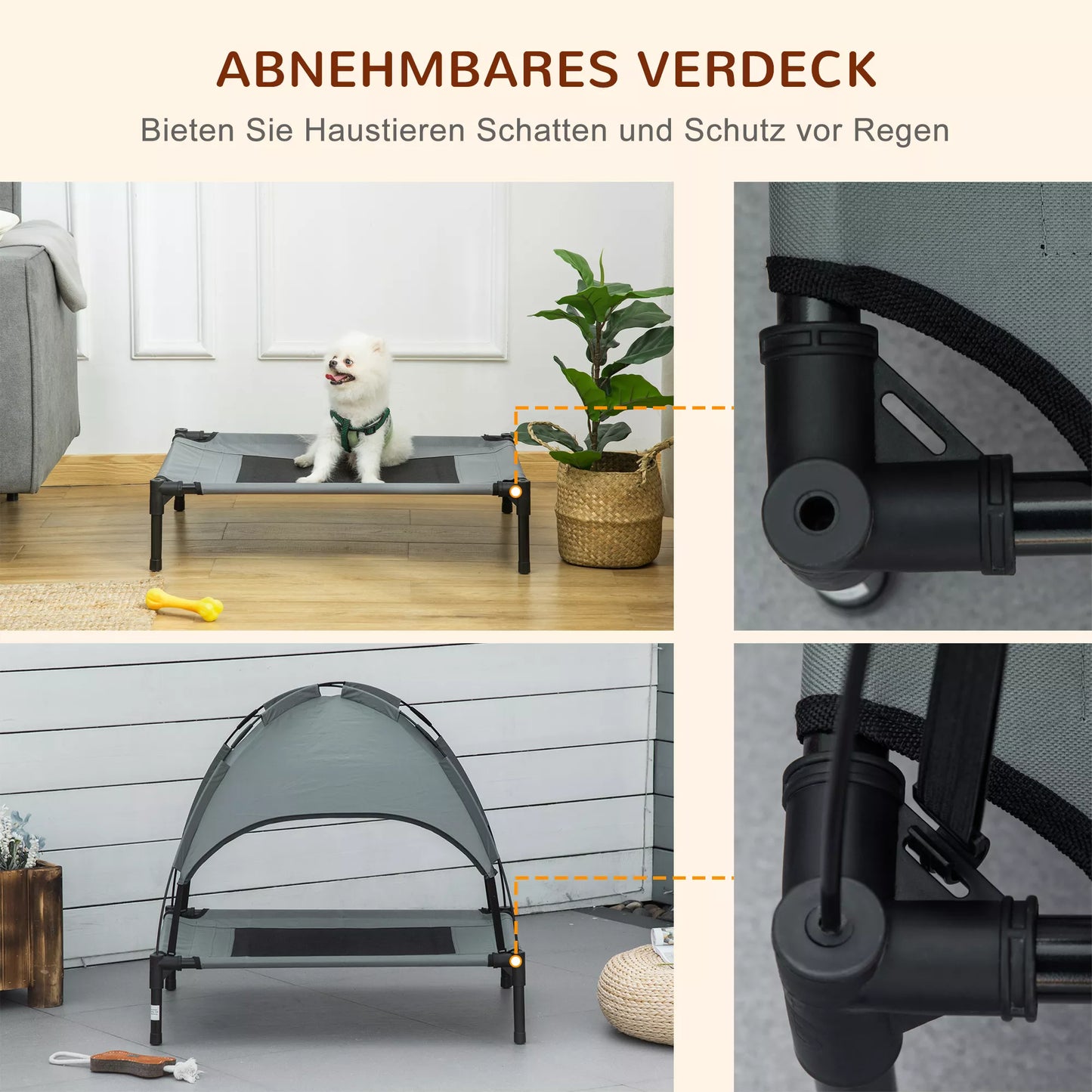 Paaukštinta šunų lova su baldakimu, naminių gyvūnėlių guolis, lauko šunų gultas su stogu, kvėpuojantis, taftos audinys stovyklavimui, pilka 76 x 61 x 73 cm